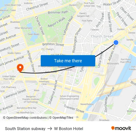 South Station subway to W Boston Hotel map