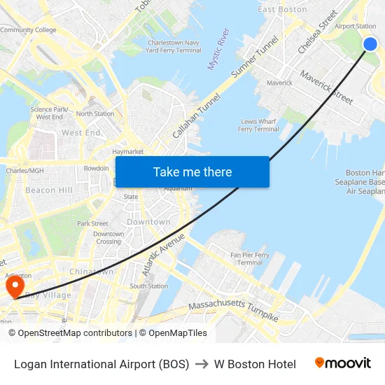 Logan International Airport (BOS) to W Boston Hotel map