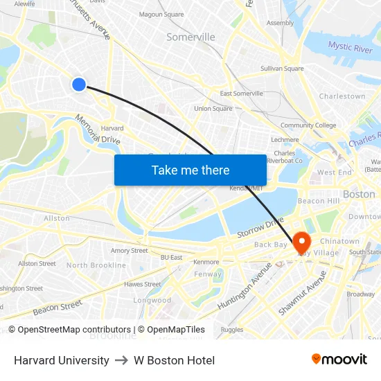 Harvard University to W Boston Hotel map