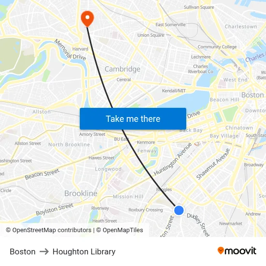 Boston to Houghton Library map