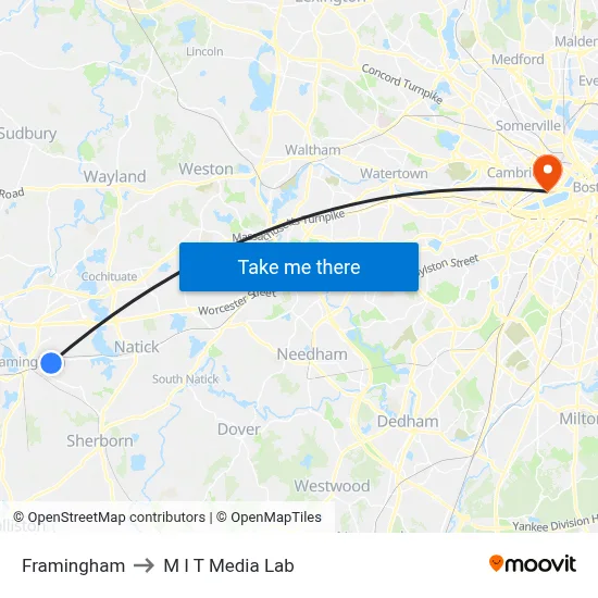Framingham to M I T Media Lab map