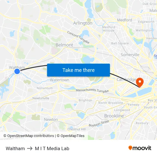 Waltham to M I T Media Lab map