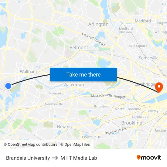 Brandeis University to M I T Media Lab map