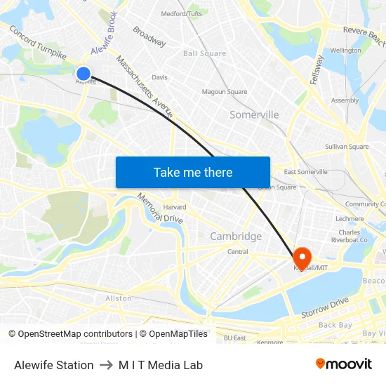 Alewife Station to M I T Media Lab map