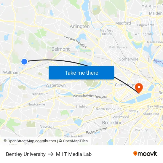 Bentley University to M I T Media Lab map