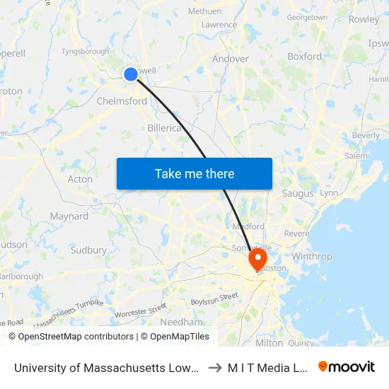 University of Massachusetts Lowell to M I T Media Lab map