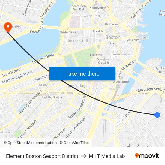 Element Boston Seaport District to M I T Media Lab map