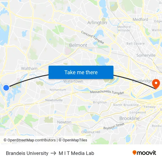 Brandeis University to M I T Media Lab map