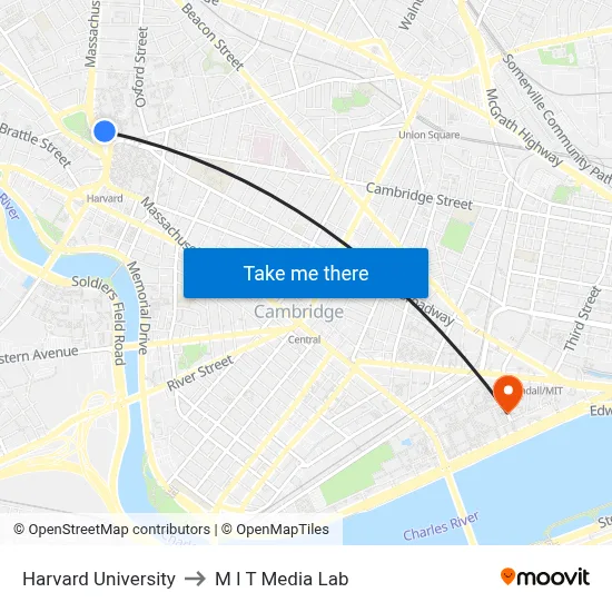 Harvard University to M I T Media Lab map