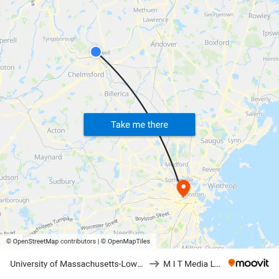 University of Massachusetts-Lowell to M I T Media Lab map
