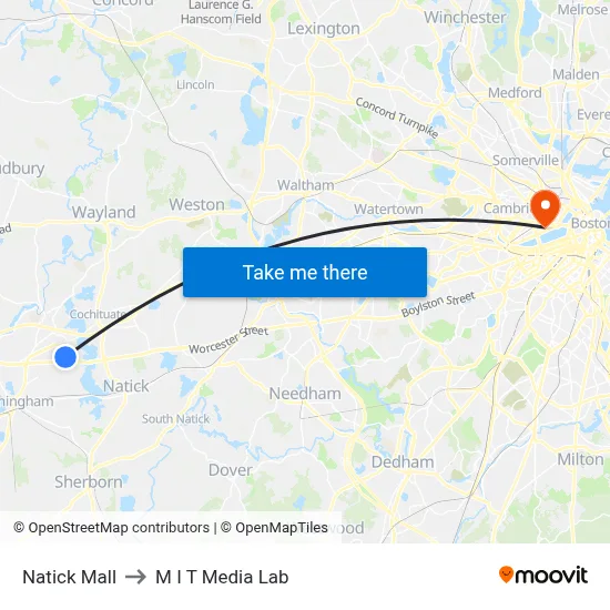 Natick Mall to M I T Media Lab map