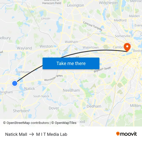 Natick Mall to M I T Media Lab map