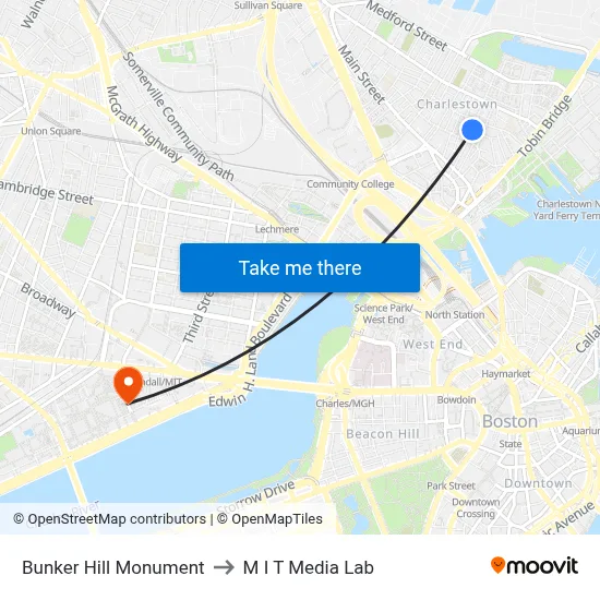 Bunker Hill Monument to M I T Media Lab map