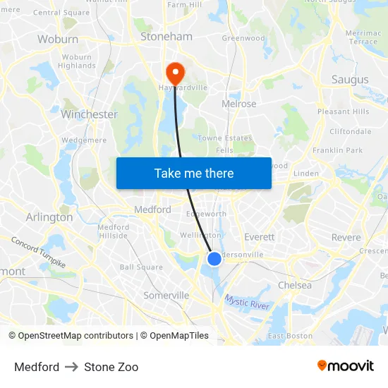 Medford to Stone Zoo map