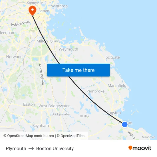 Plymouth to Boston University map
