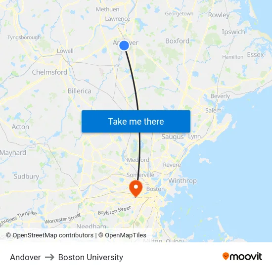Andover to Boston University map