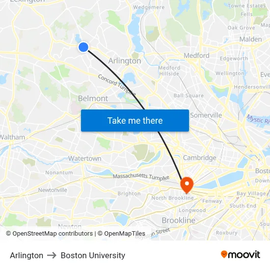 Arlington to Boston University map