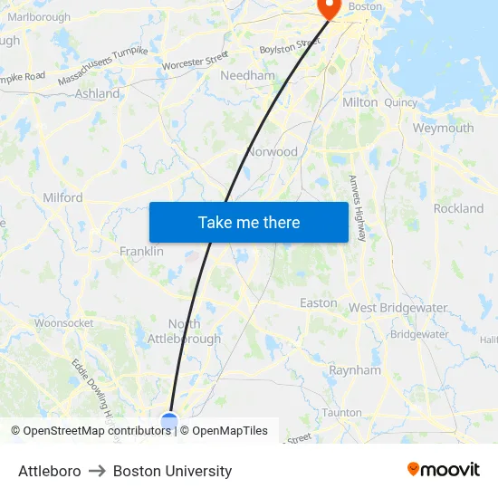 Attleboro to Boston University map