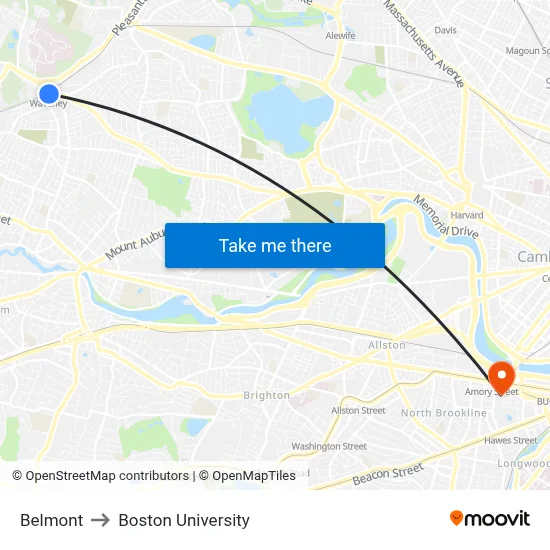 Belmont to Boston University map