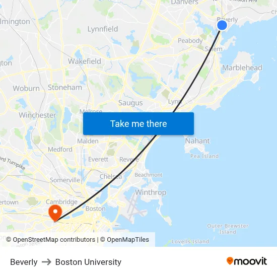 Beverly to Boston University map