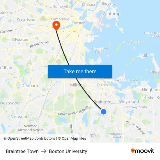 Braintree Town to Boston University map