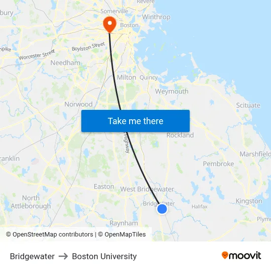 Bridgewater to Boston University map