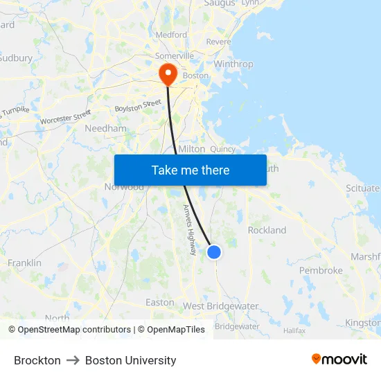 Brockton to Boston University map