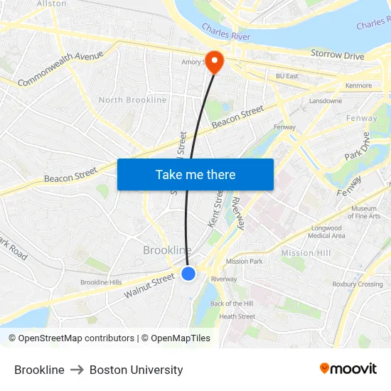 Brookline to Boston University map