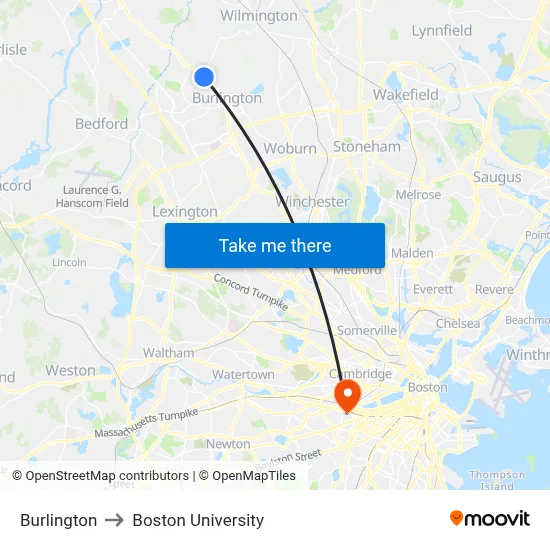 Burlington to Boston University map