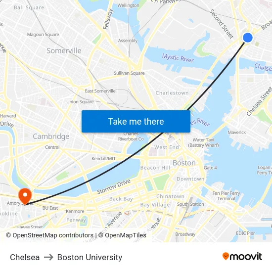 Chelsea to Boston University map