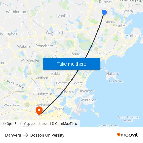 Danvers to Boston University map