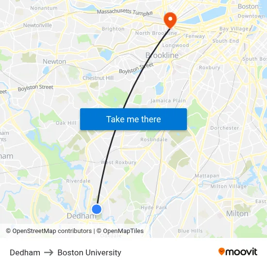 Dedham to Boston University map