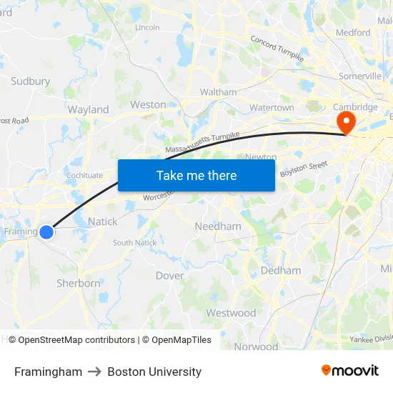 Framingham to Boston University map