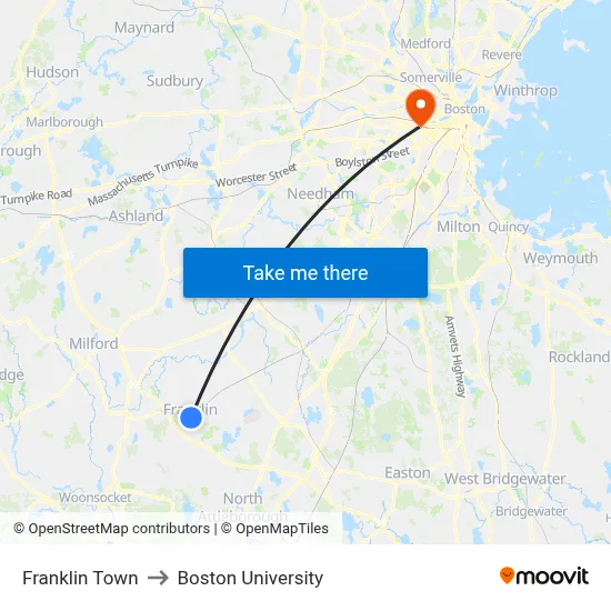 Franklin Town to Boston University map