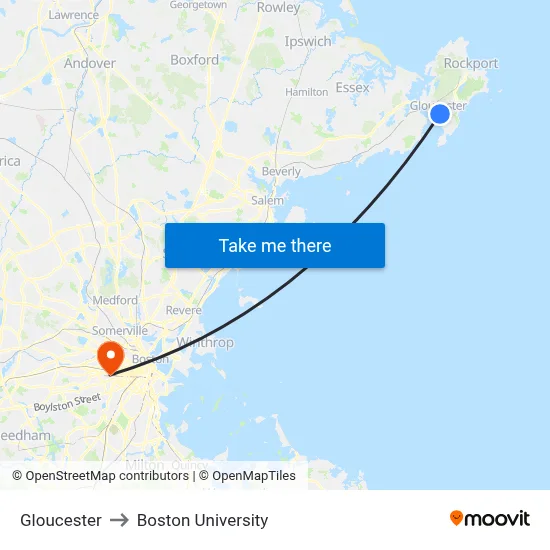 Gloucester to Boston University map