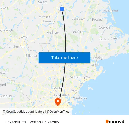 Haverhill to Boston University map