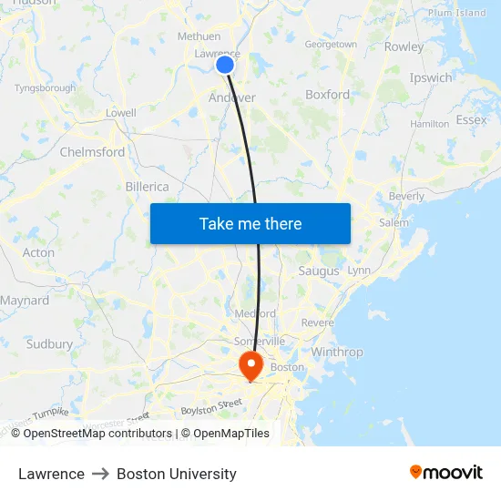 Lawrence to Boston University map