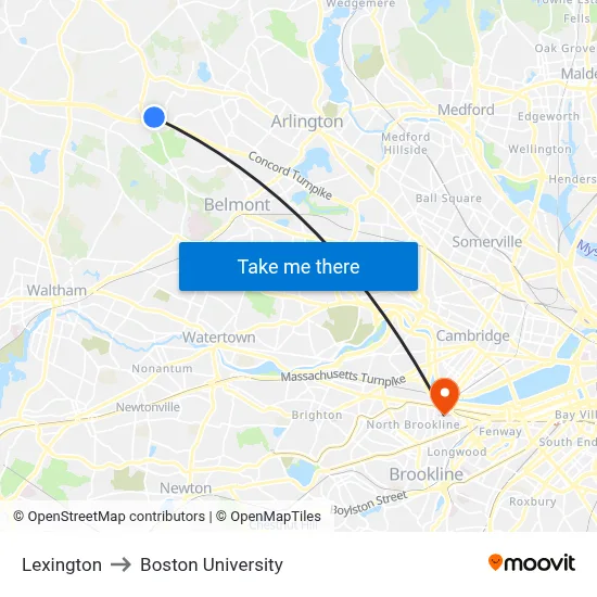 Lexington to Boston University map