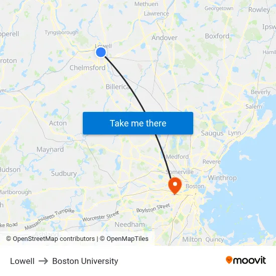 Lowell to Boston University map