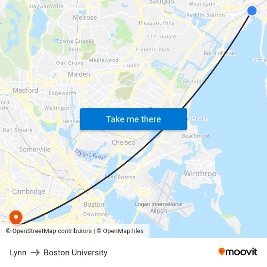 Lynn to Boston University map