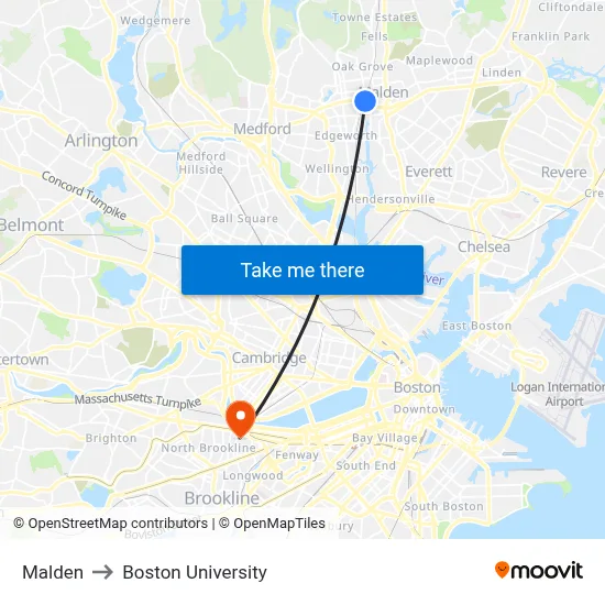 Malden to Boston University map