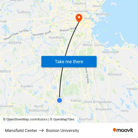 Mansfield Center to Boston University map