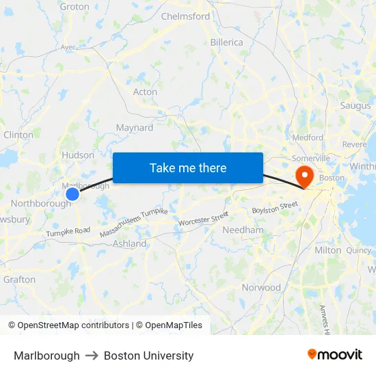 Marlborough to Boston University map