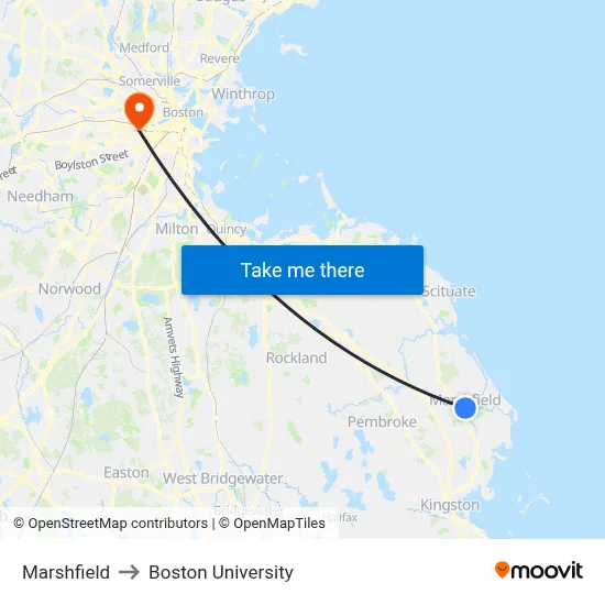 Marshfield to Boston University map