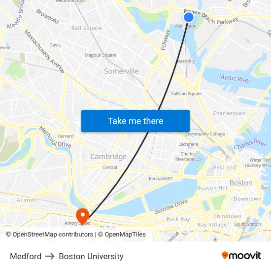 Medford to Boston University map