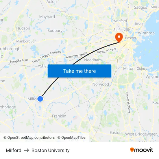 Milford to Boston University map