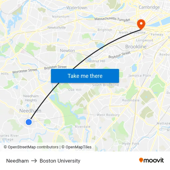 Needham to Boston University map