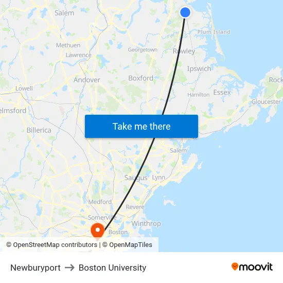 Newburyport to Boston University map