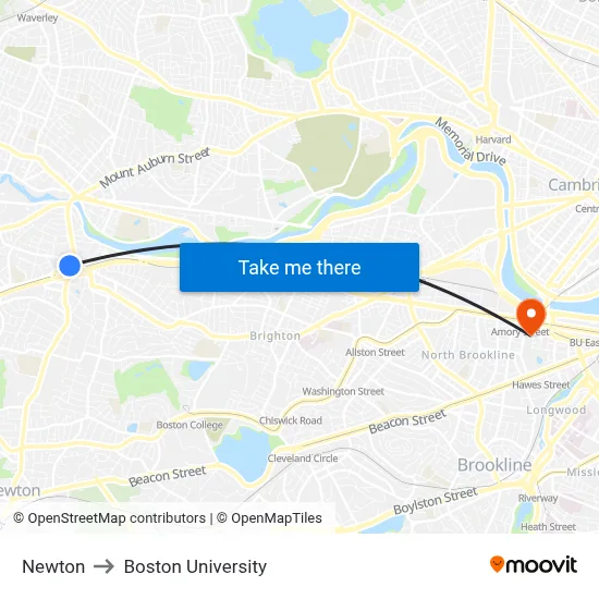 Newton to Boston University map