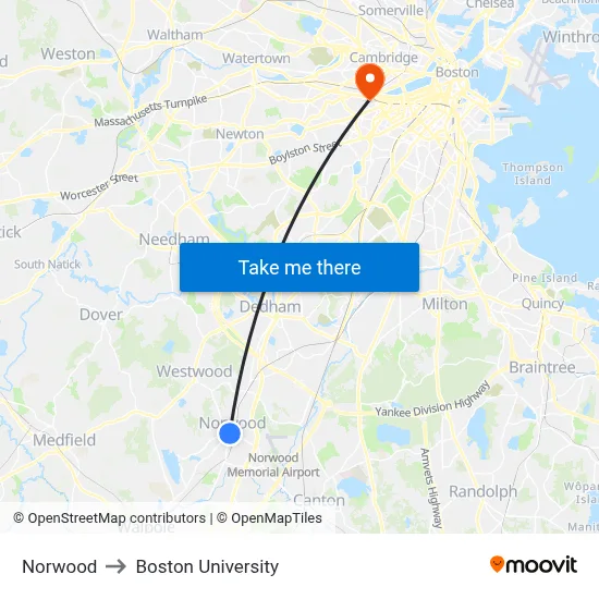 Norwood to Boston University map